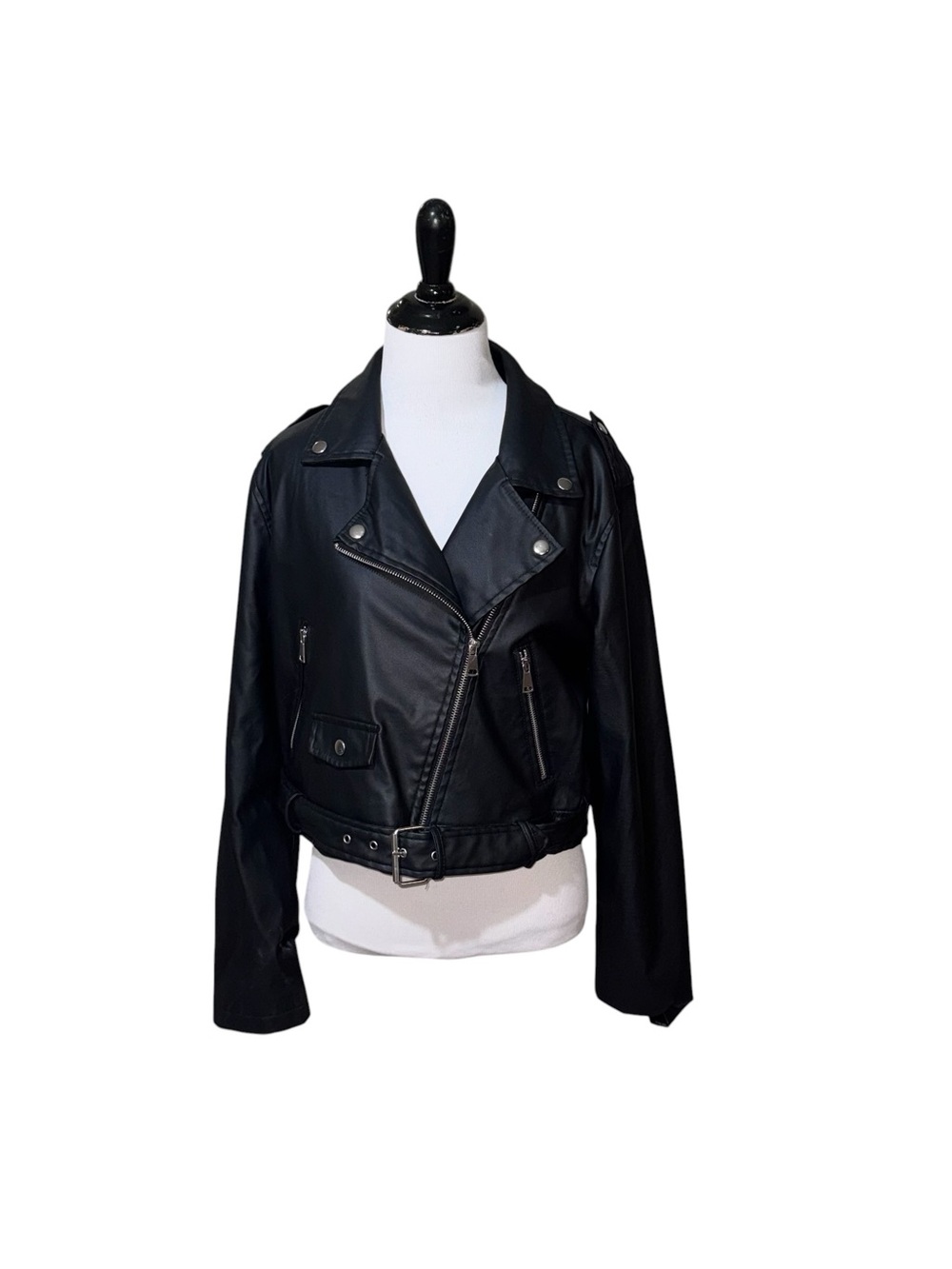New Look Women's L Large Faux Leather Moto Jacket Cropped Fit Biker Black